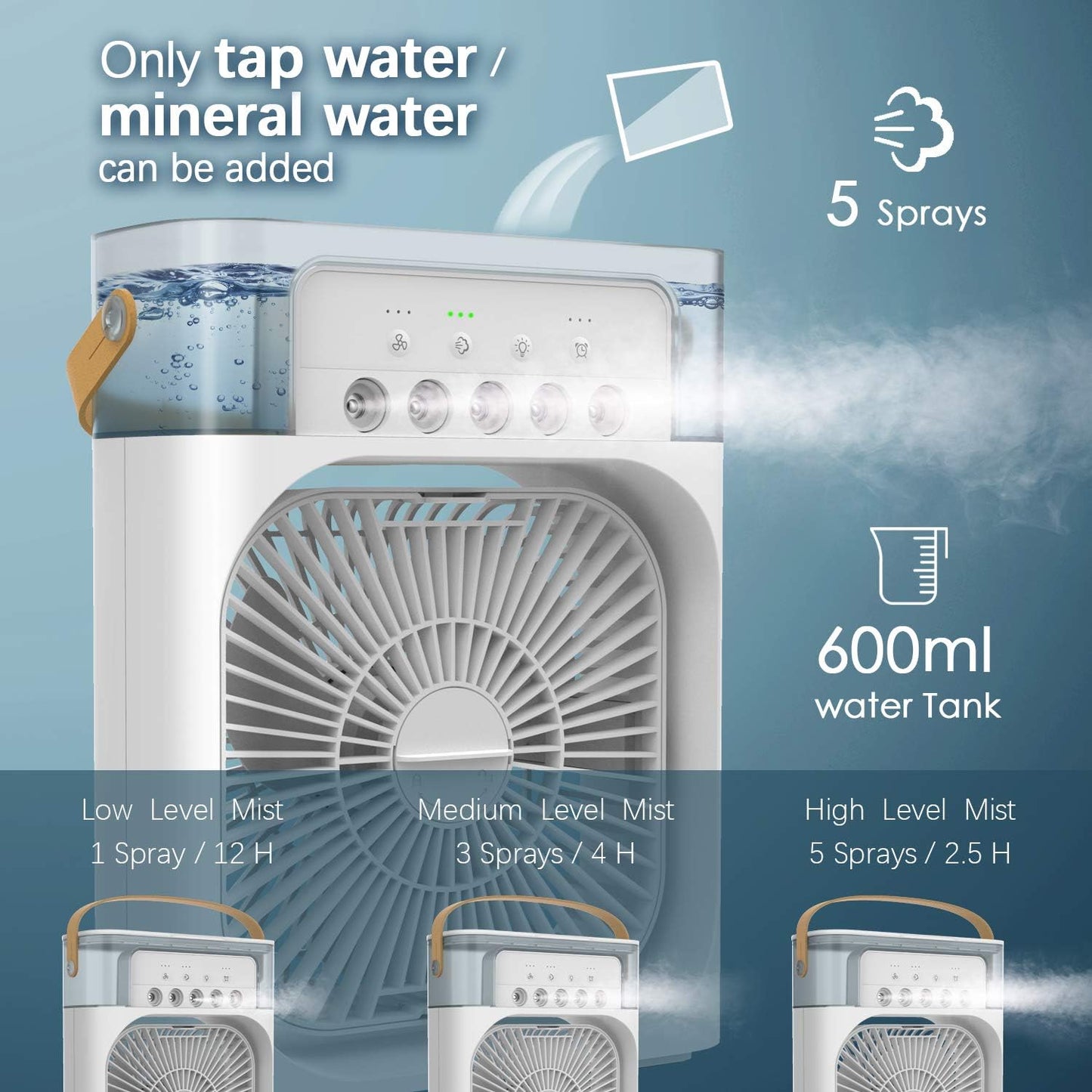 Portable Air Conditioner Fan, Mini Evaporative Air Cooler with 7 Colors LED Light, 1/2/3 H Timer, 3 Wind Speeds and 3 Spray Modes