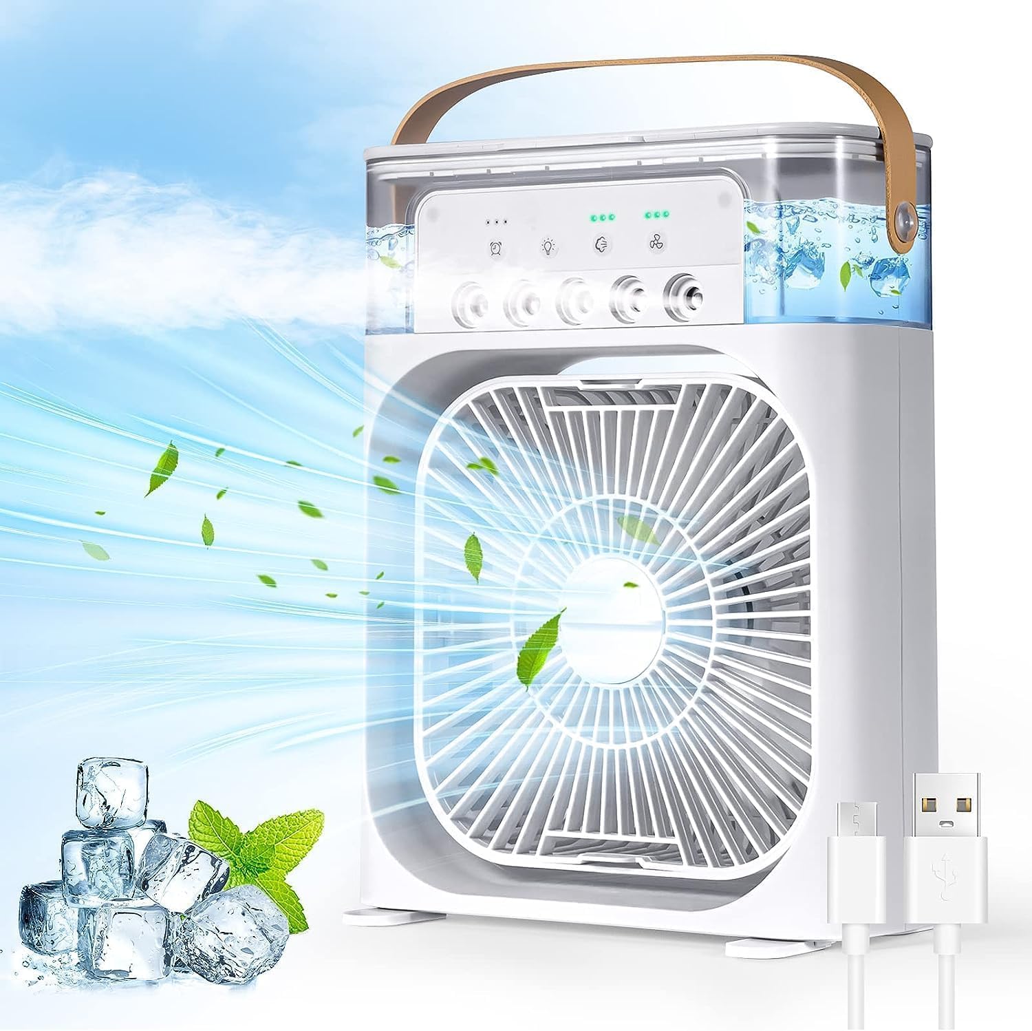Portable Air Conditioner Fan, Mini Evaporative Air Cooler with 7 Colors LED Light, 1/2/3 H Timer, 3 Wind Speeds and 3 Spray Modes