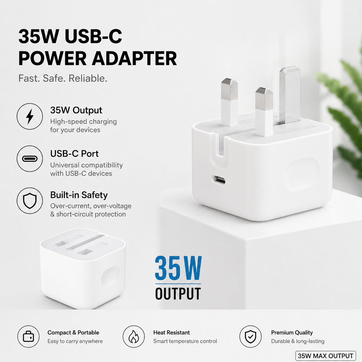 35W USB-C to USB-C Fast Charging Power Adapter 3-Pin